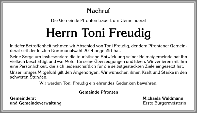  Traueranzeige für Toni Freudig vom 04.05.2017 aus Allgäuer Zeitung, Füssen