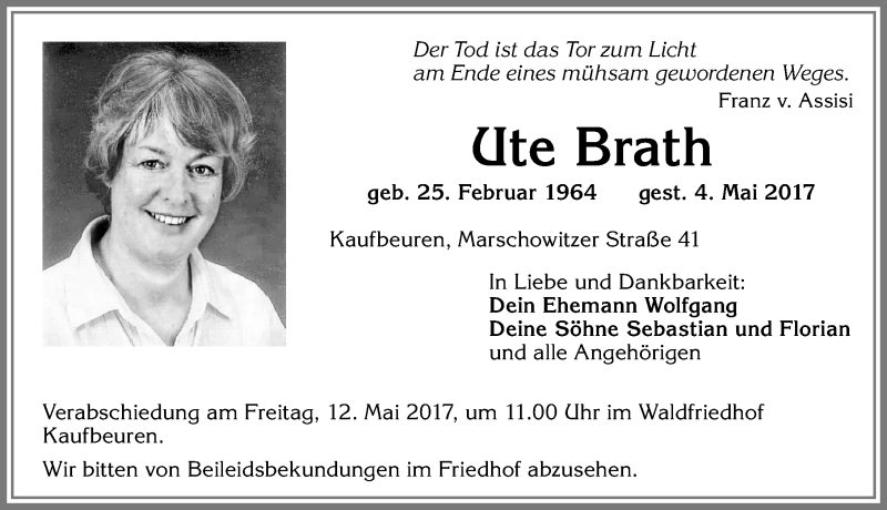  Traueranzeige für Ute Brath vom 06.05.2017 aus Allgäuer Zeitung, Kaufbeuren/Buchloe