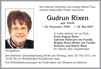 Traueranzeige von Gudrun Rixen von Allgäuer Zeitung, Kaufbeuren/Buchloe