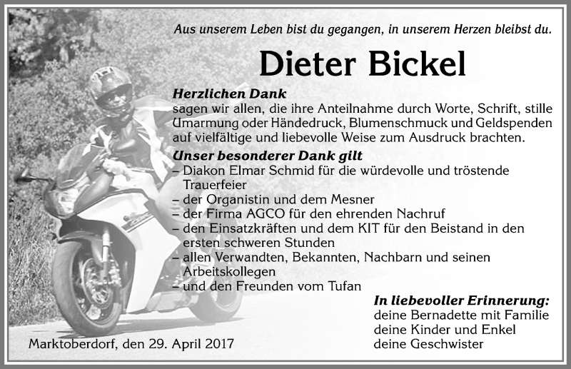  Traueranzeige für Dieter Bickel vom 29.04.2017 aus Allgäuer Zeitung, Marktoberdorf