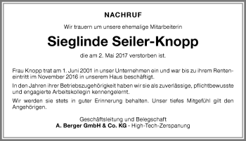 Traueranzeige von Sieglinde Seiler-Knopp von Memminger Zeitung