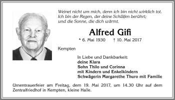 Traueranzeige von Alfred Gifi von Allgäuer Zeitung,Kempten