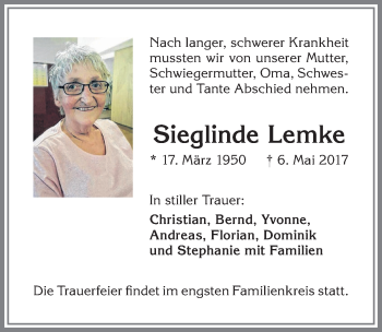 Traueranzeige von Sieglinde Lemke von Allgäuer Zeitung,Kempten