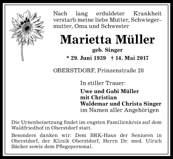 Traueranzeige von Marietta Müller von Allgäuer Anzeigeblatt