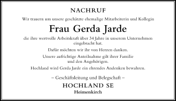 Traueranzeige von Gerda Jarde von Der Westallgäuer