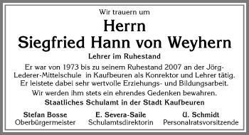 Traueranzeige von Siegfried Hann  von Weyhern von Allgäuer Zeitung, Kaufbeuren/Buchloe