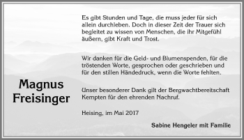 Traueranzeige von Magnus Freisinger von Allgäuer Zeitung,Kempten