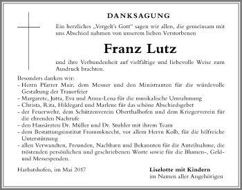 Traueranzeige von Franz Lutz von Der Westallgäuer