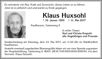 Traueranzeige von Klaus Huxsohl von Allgäuer Zeitung, Kaufbeuren/Buchloe