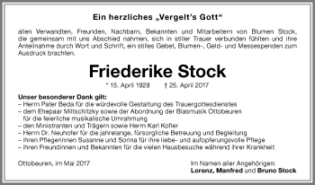 Traueranzeige von Friederike Stock von Memminger Zeitung