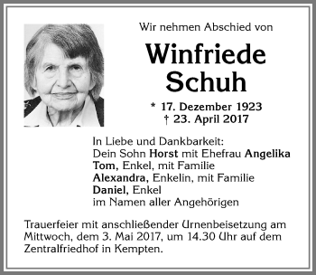 Traueranzeige von Winfriede Schuh von Allgäuer Zeitung,Kempten