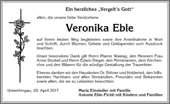 Traueranzeige von Veronika Eble von Allgäuer Zeitung, Marktoberdorf