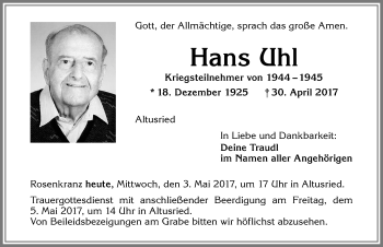Traueranzeige von Hans Uhl von Allgäuer Zeitung,Kempten