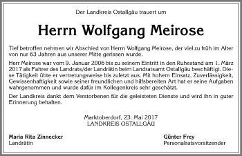 Traueranzeige von Wolfgang Meirose von Allgäuer Zeitung, Marktoberdorf