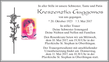 Traueranzeige von Kreszenztia Guggomos von Allgäuer Zeitung, Marktoberdorf