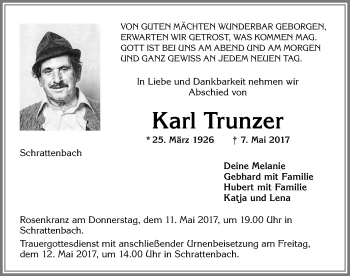 Traueranzeige von Karl Trunzer von Memminger Zeitung