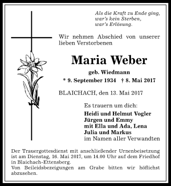 Traueranzeige von Maria Weber von Allgäuer Anzeigeblatt