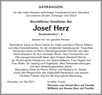 Traueranzeige von Josef Herz von Allgäuer Zeitung,Kempten