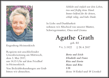 Traueranzeige von Agathe Grath von Der Westallgäuer