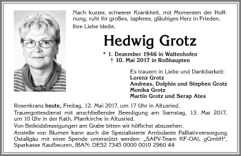 Traueranzeige von Hedwig Grotz von Allgäuer Zeitung