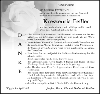 Traueranzeige von Kreszentia Feßler von Der Westallgäuer