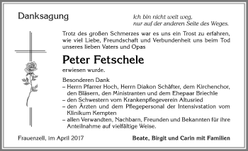 Traueranzeige von Peter Fetschele von Allgäuer Zeitung,Kempten