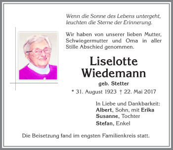 Traueranzeige von Liselotte Wiedmann von Allgäuer Zeitung,Kempten