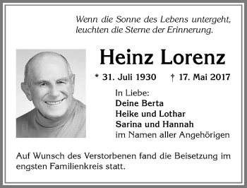 Traueranzeige von Heinz Lorenz von Allgäuer Zeitung,Kempten
