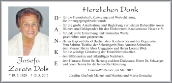 Traueranzeige von Josefa Zarate Dols von Allgäuer Zeitung, Füssen