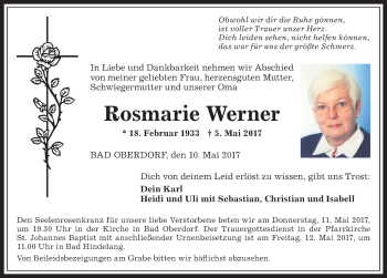 Traueranzeige von Rosmarie Werner von Allgäuer Anzeigeblatt