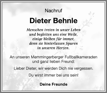 Traueranzeige von Dieter Behnle von Memminger Zeitung