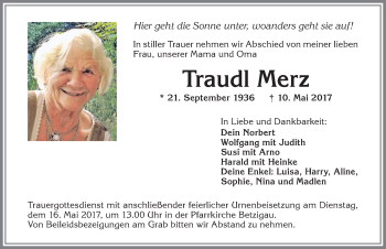 Traueranzeige von Traudl Merz von Allgäuer Zeitung,Kempten