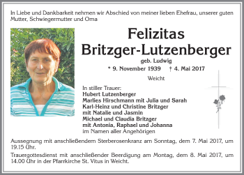 Traueranzeige von Felizitas Britzger-Lutzenberger von Allgäuer Zeitung, Kaufbeuren/Buchloe