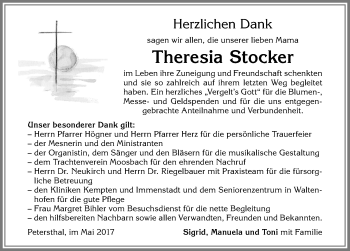 Traueranzeige von Theresia Stocker von Allgäuer Zeitung,Kempten