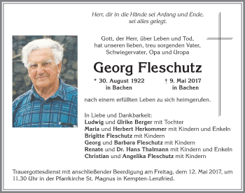 Traueranzeige von Georg Fleschutz von Allgäuer Zeitung,Kempten