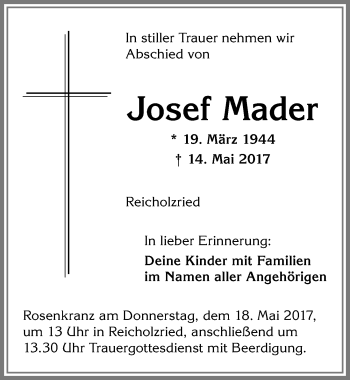 Traueranzeige von Josef Mader von Allgäuer Zeitung