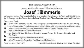Traueranzeige von Josef Hämmerle von Allgäuer Zeitung,Kempten