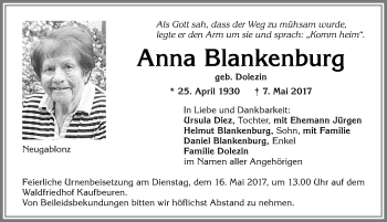 Traueranzeige von Anna Blankenburg von Allgäuer Zeitung, Kaufbeuren/Buchloe