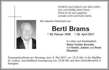 Traueranzeige von Bertl Brams von Allgäuer Zeitung,Kempten