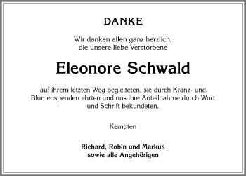 Traueranzeige von Eleonore Schwald von Allgäuer Zeitung,Kempten