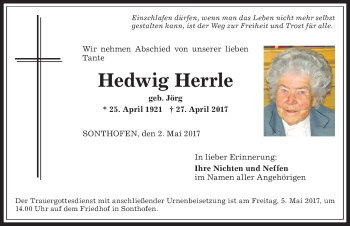 Traueranzeige von Hedwig Herrle von Allgäuer Anzeigeblatt