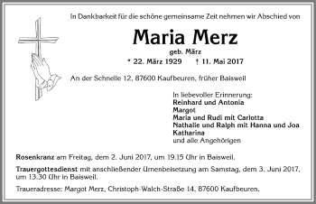 Traueranzeige von Maria Merz von Allgäuer Zeitung, Kaufbeuren/Buchloe