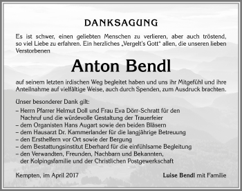 Traueranzeige von Anton Bendl von Allgäuer Zeitung,Kempten