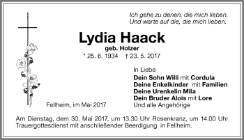 Traueranzeige von Lydia Haack von Memminger Zeitung