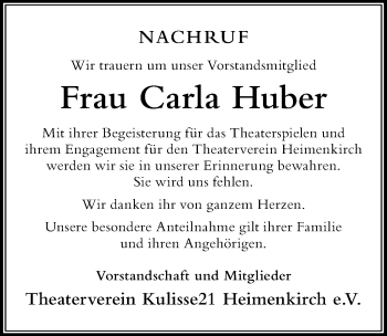 Traueranzeige von Carla Huber von Der Westallgäuer