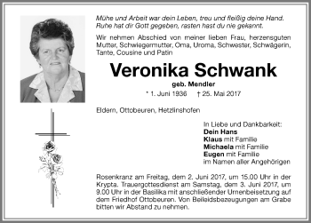 Traueranzeige von Veronika Schwank von Memminger Zeitung