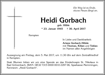 Traueranzeige von Heidi Gorbach von Allgäuer Zeitung,Kempten