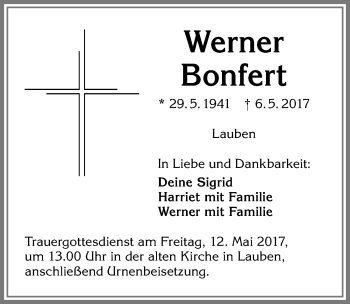 Traueranzeige von Werner Bonfert von Allgäuer Zeitung,Kempten