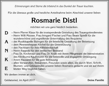 Traueranzeige von Rosmarie Distl von Allgäuer Zeitung, Marktoberdorf