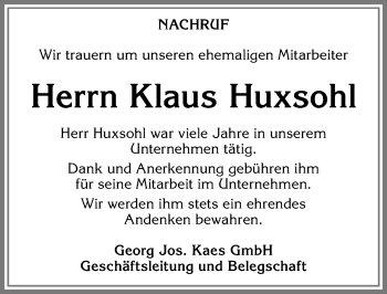 Traueranzeige von Klaus Huxsohl von Allgäuer Zeitung, Kaufbeuren/Buchloe